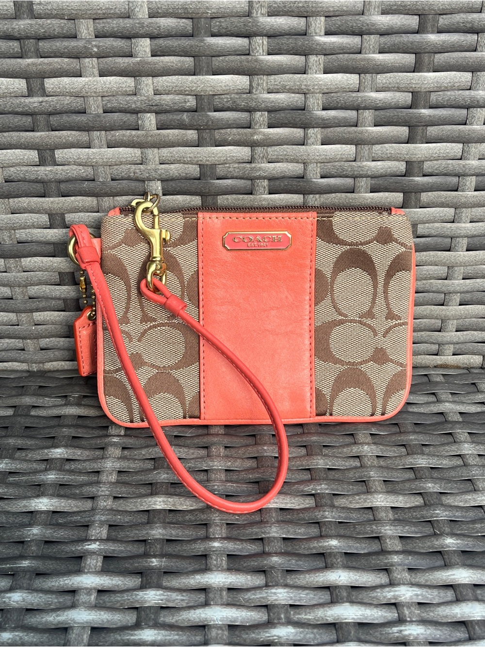 Coach Signature C Wristlet with Coral Stripe